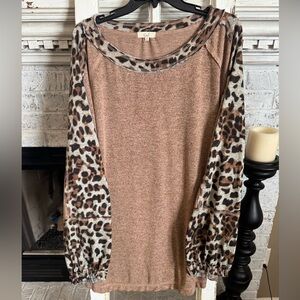 Easel Brown Top with Leopard Print Sleeves. NWOT